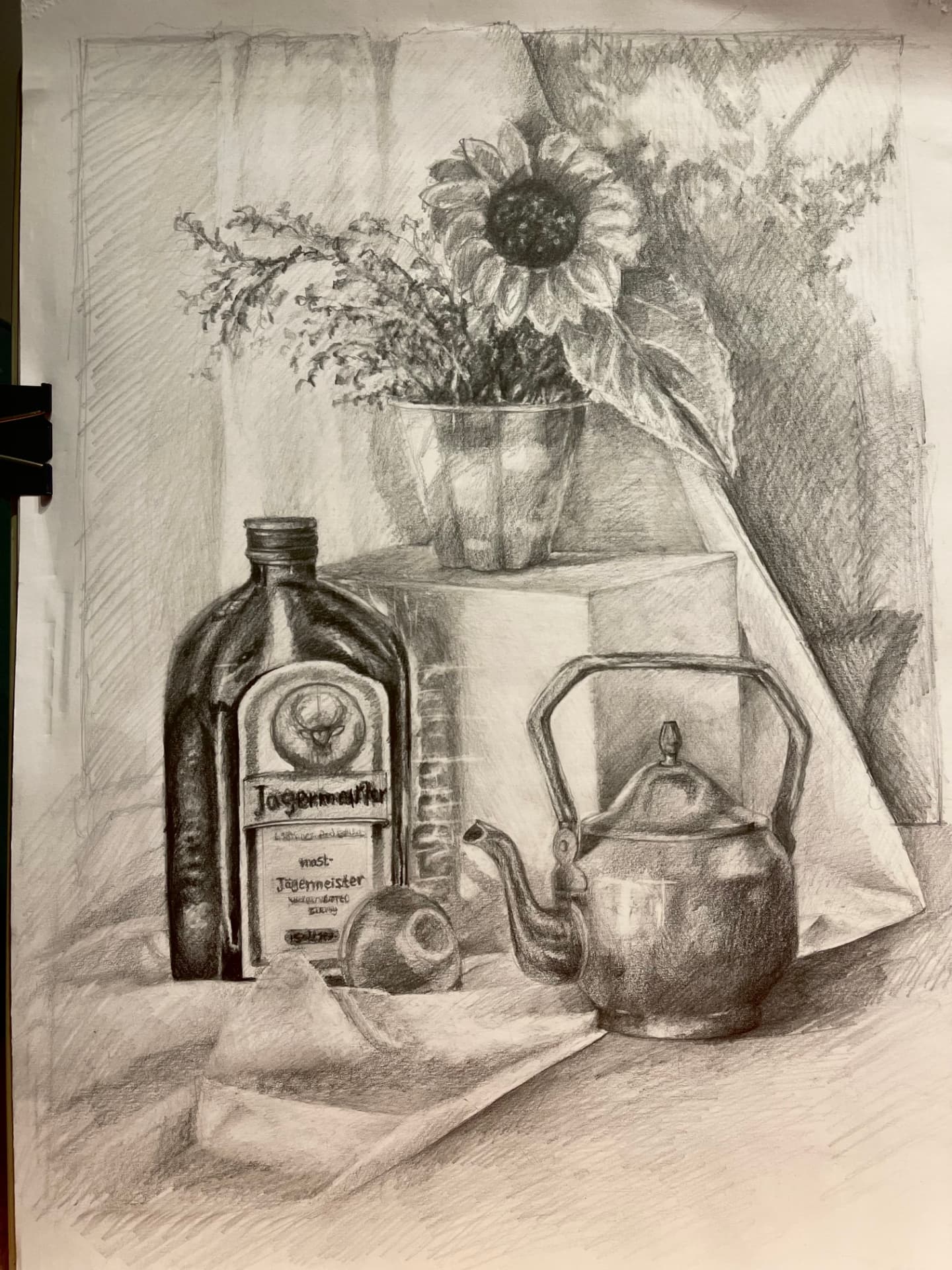 Detailed pencil still-life drawing made by a student